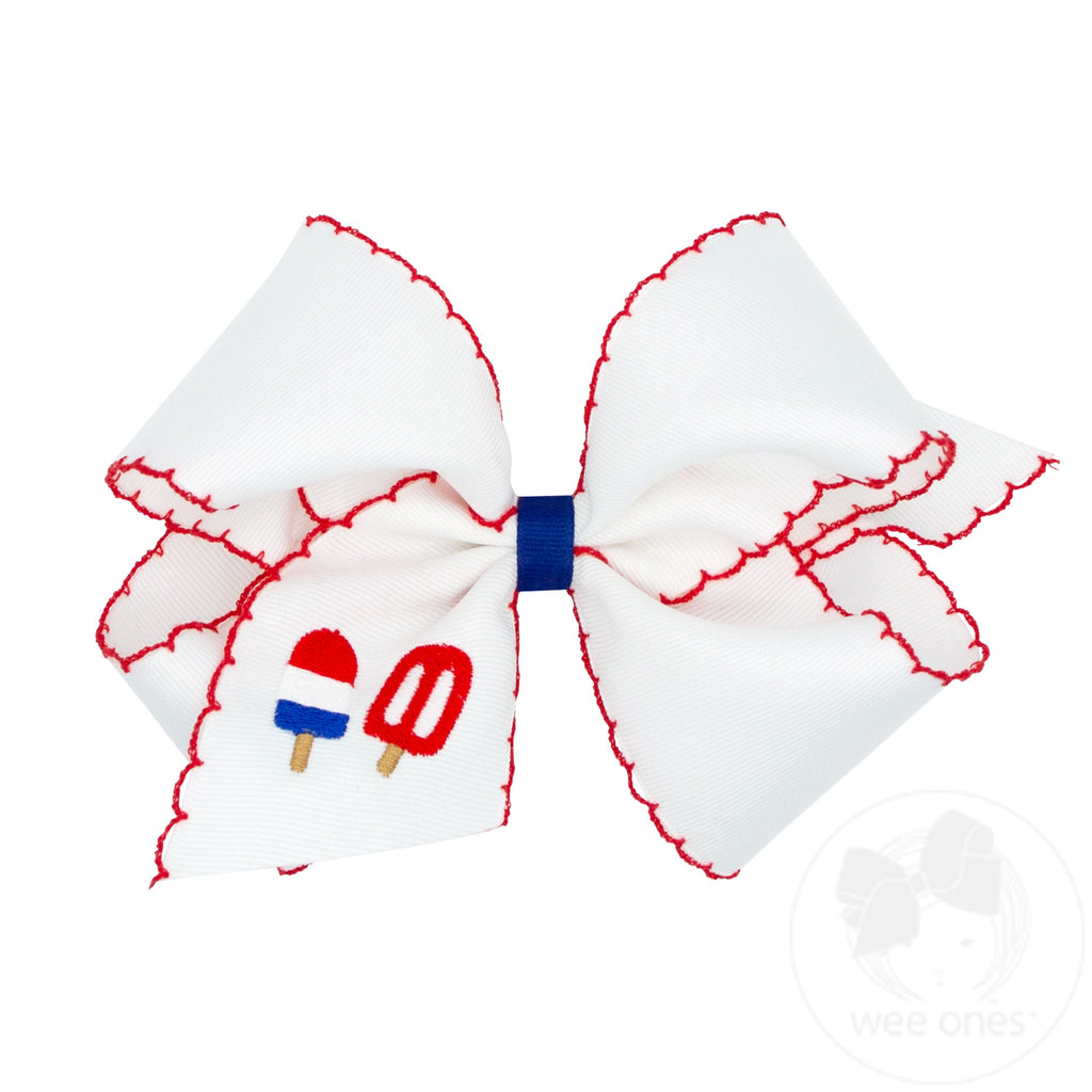 King Grosgrain Hair Bow with Moonstitch Edge and Patriotic Popsicle Embroidery