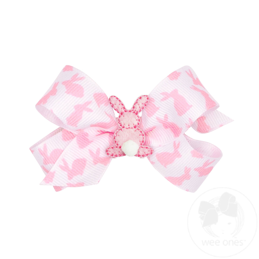 Mini Easter Bunny Print Hair Bow with Small Puff Tail Backside Bunny