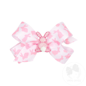 Mini Easter Bunny Print Hair Bow with Small Puff Tail Backside Bunny