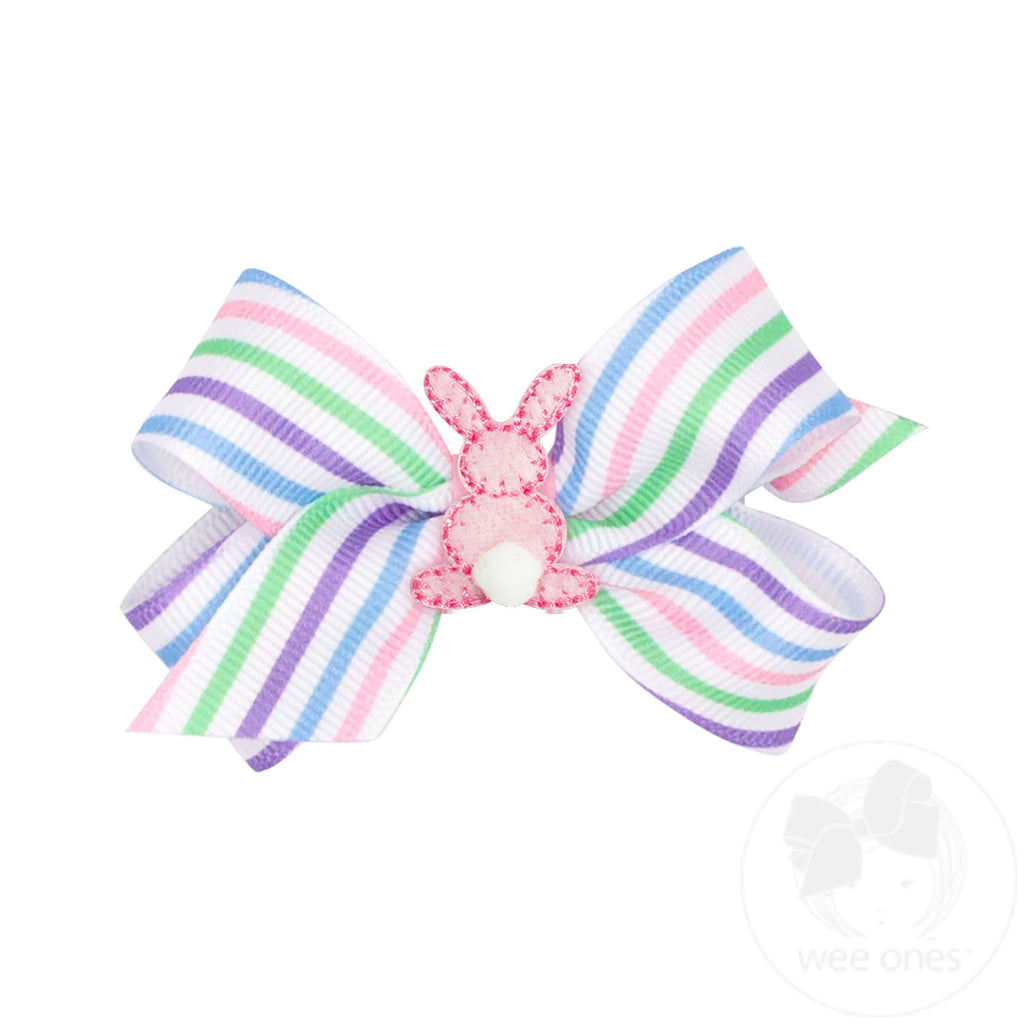 Mini Easter Stripe Print Hair Bow with Small Puff Tail Backside Bunny