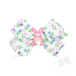 Mini Easter Tulip Print Hair Bow with Small Puff Tail Backside Bunny