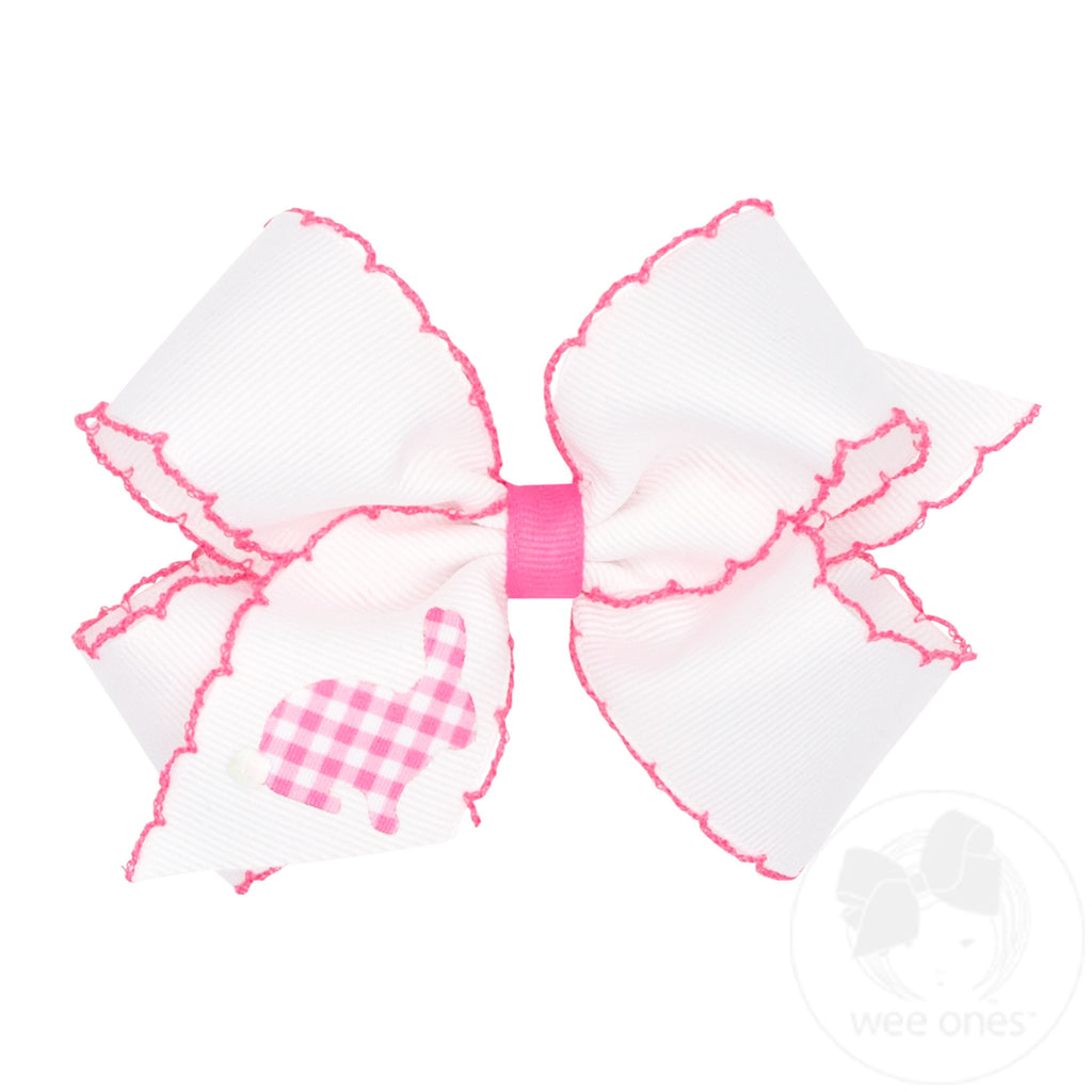 Medium Grosgrain Bow with Moonstitch Edge and Printed Hot Pink Gingham Bunny