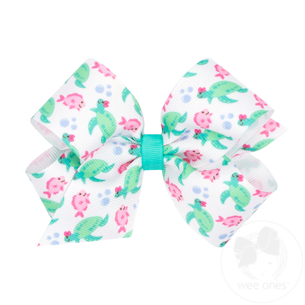 Medium Beach-themed Turtle Print Grosgrain Hair Bow