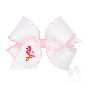 Medium Grosgrain Hair Bow with Moonstitch Edge and Flamingo Embroidery