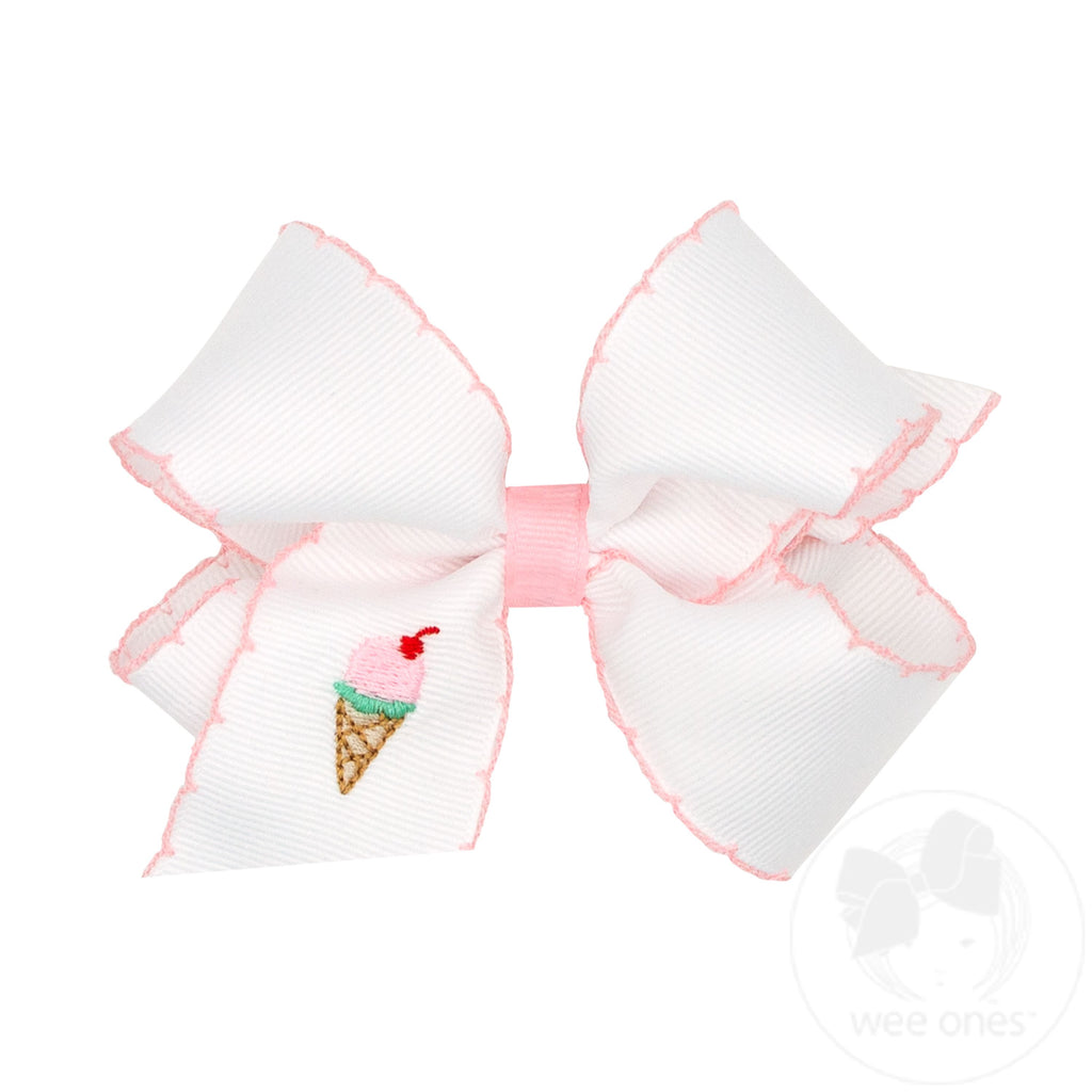 Medium Grosgrain Hair Bow with Moonstitch Edge and Ice Cream Embroidery