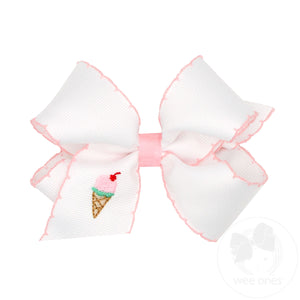 Medium Grosgrain Hair Bow with Moonstitch Edge and Ice Cream Embroidery