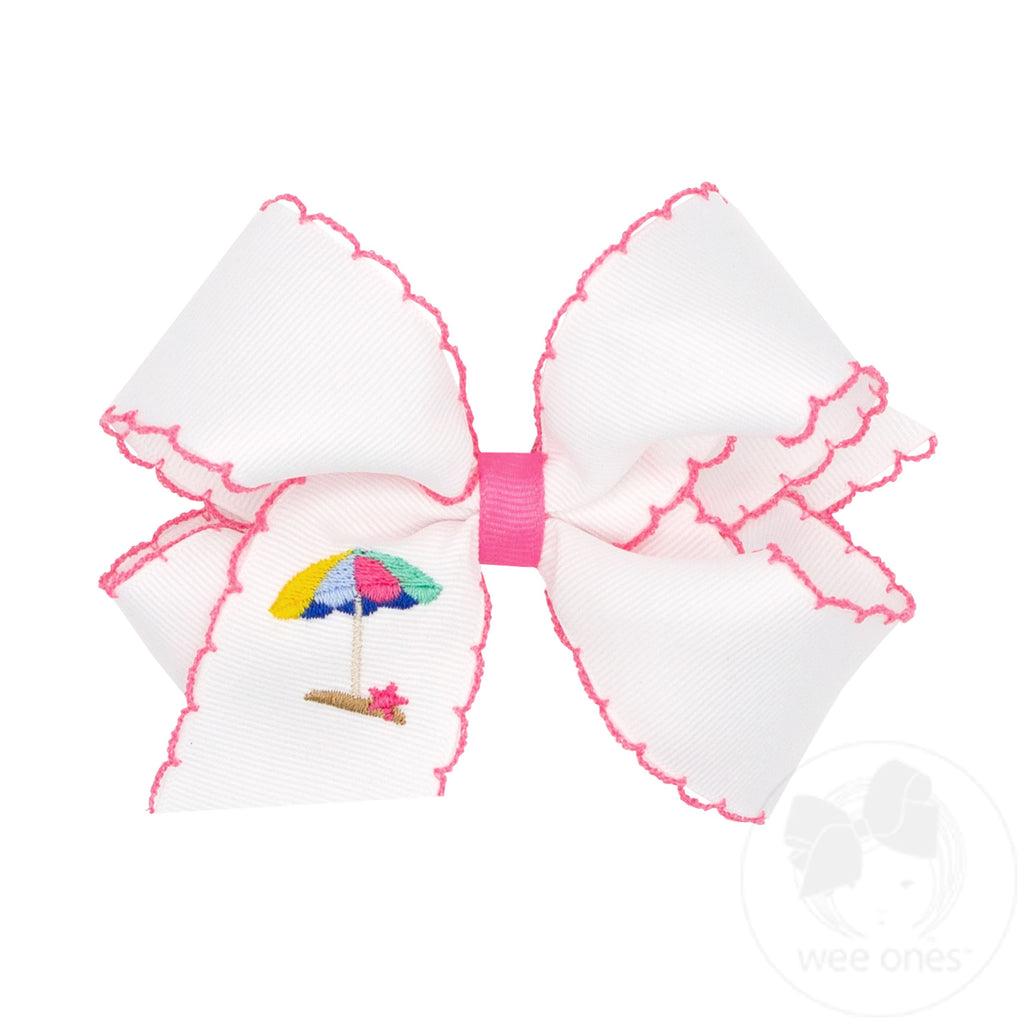 Medium Grosgrain Hair Bow with Moonstitch Edge and Umbrella Embroidery