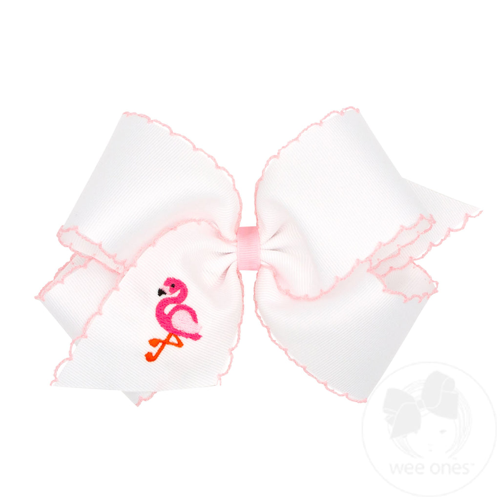 King Grosgrain Hair Bow with Moonstitch Edge and Flamingo Embroidery