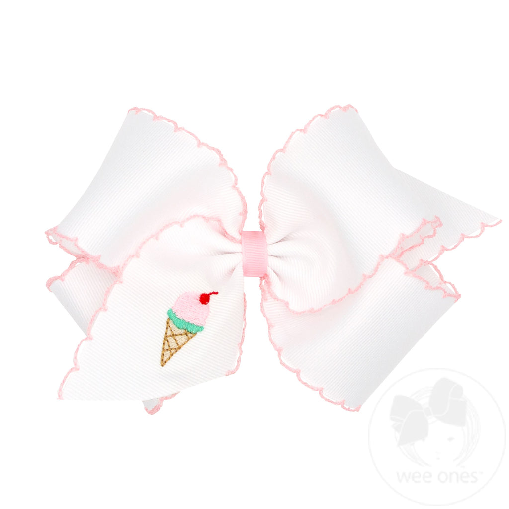 King Grosgrain Hair Bow with Moonstitch Edge and Ice Cream Embroidery
