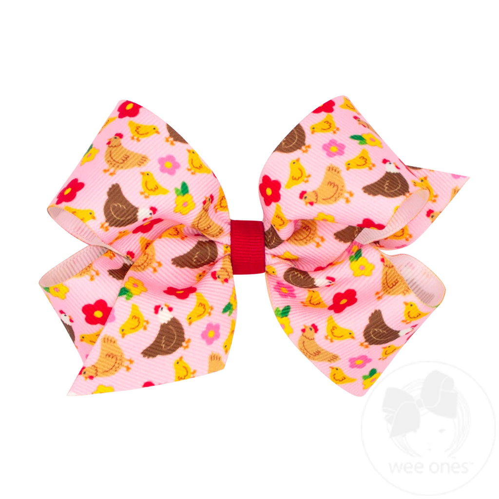 Medium Farm-themed Grograin Chicken Print Hair Bow