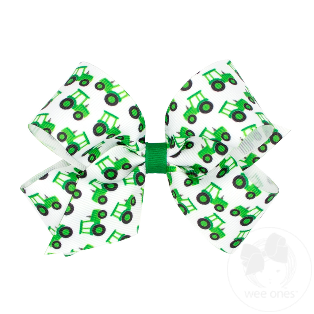 Medium Farm-themed Grograin Green Tractor Print Hair Bow