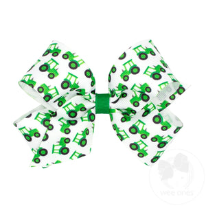 Medium Farm-themed Grograin Green Tractor Print Hair Bow