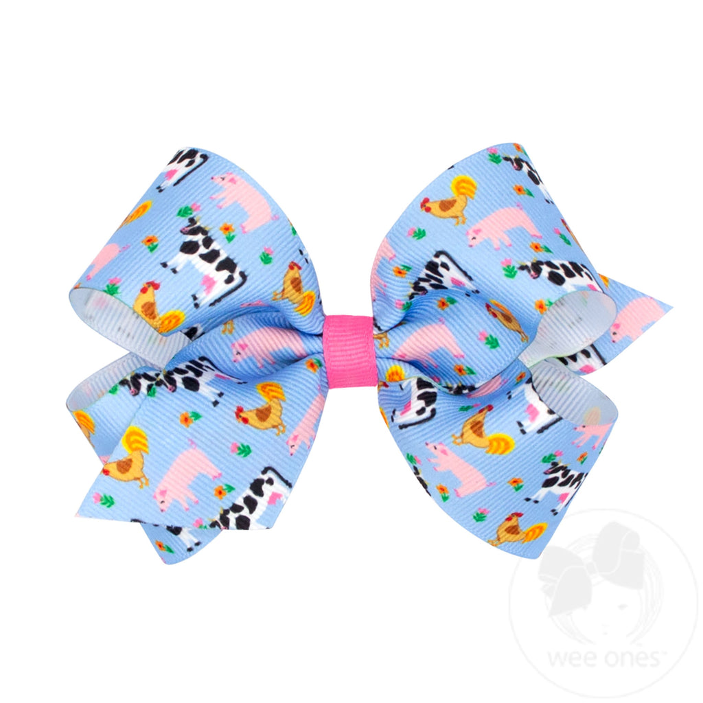 Medium Farm-themed Grograin Multicolor Print Hair Bow