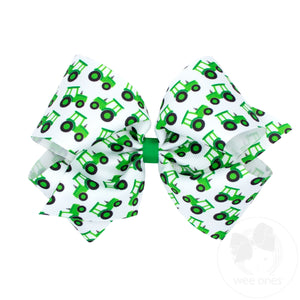 King Farm-themed Grograin Green Tractor Print Hair Bow