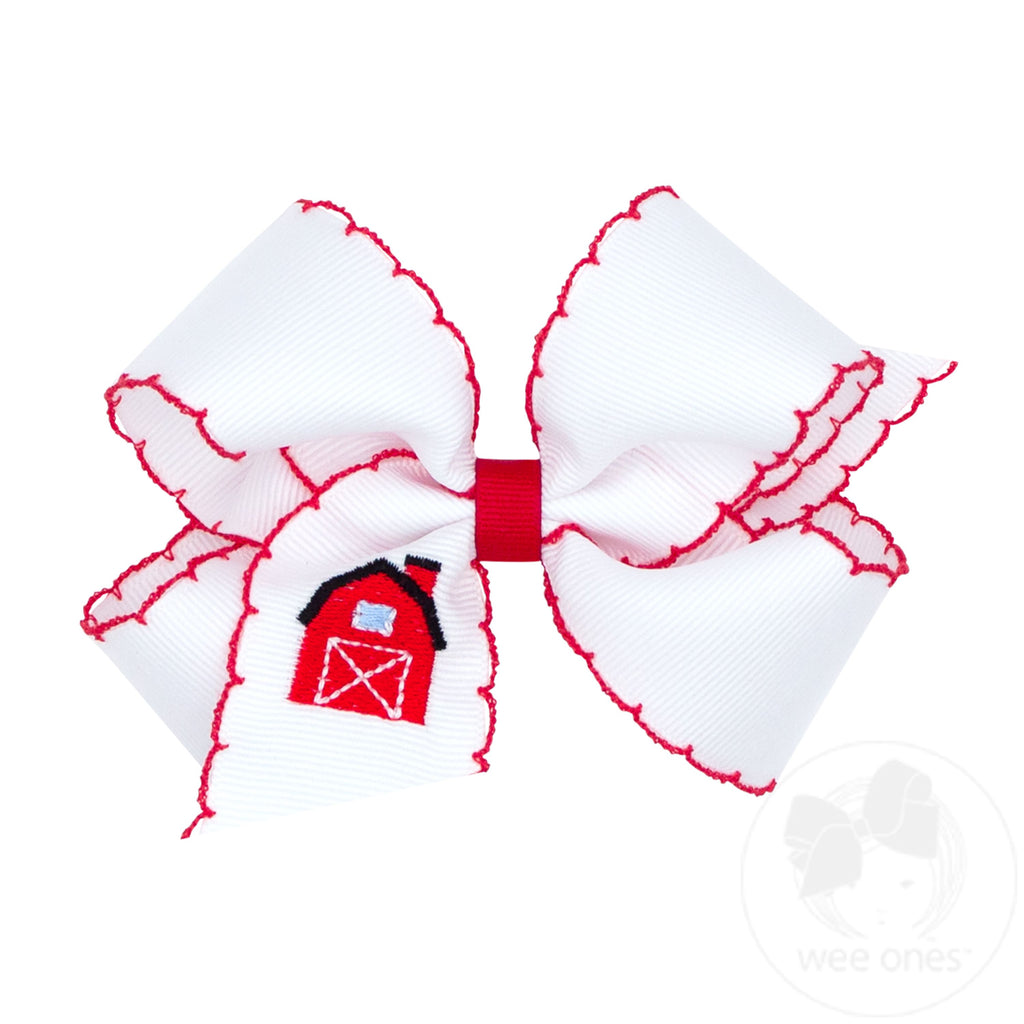 Medium Grosgrain Hair Bow with Moonstitch Edge and Red Barn Embroidery