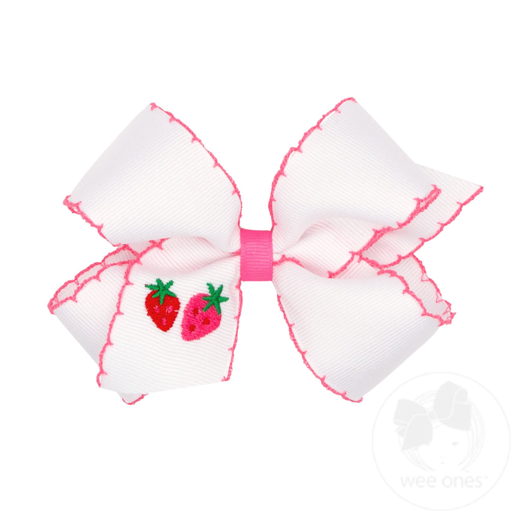 Medium Grosgrain Hair Bow with Moonstitch Edge and Strawberry Embroidery