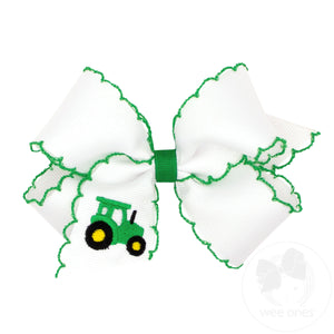 Medium Grosgrain Hair Bow with Moonstitch Edge and Green Tractor Embroidery