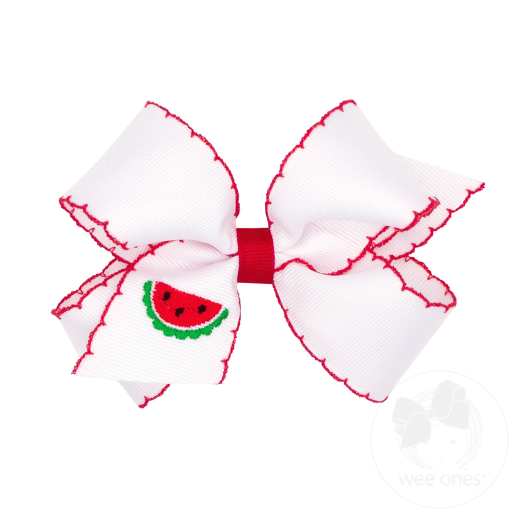 Medium Grosgrain Hair Bow with Moonstitch Edge and Watermelon Embroidery