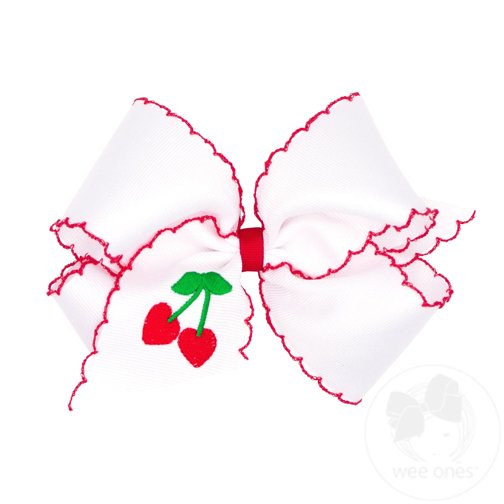 King Grosgrain Hair Bow with Moonstitch Edge and Cherries Embroidery