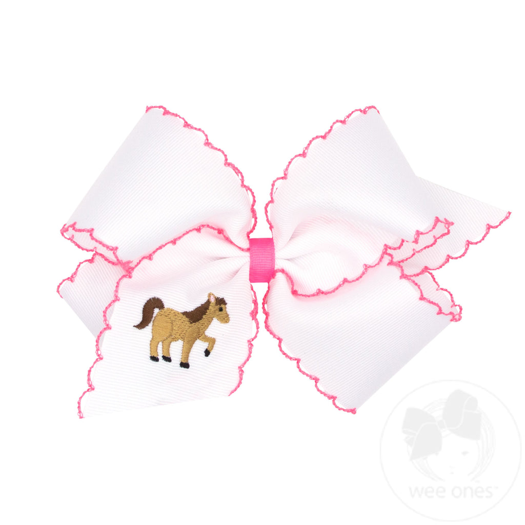 King Grosgrain Hair Bow with Moonstitch Edge and Horse Embroidery