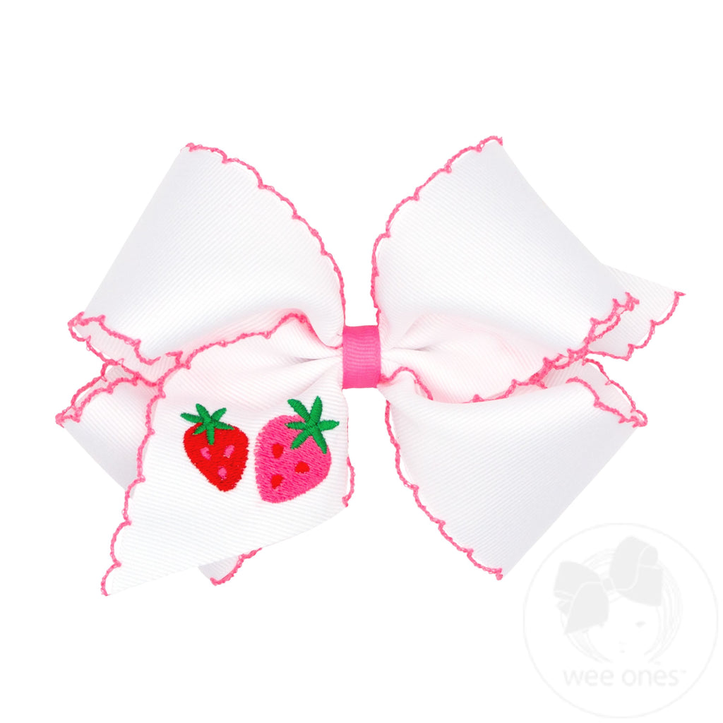 King Grosgrain Hair Bow with Moonstitch Edge and Strawberry Embroidery