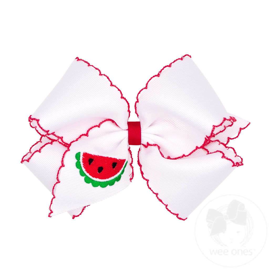 King Grosgrain Hair Bow with Moonstitch Edge and Watermelon Embroidery