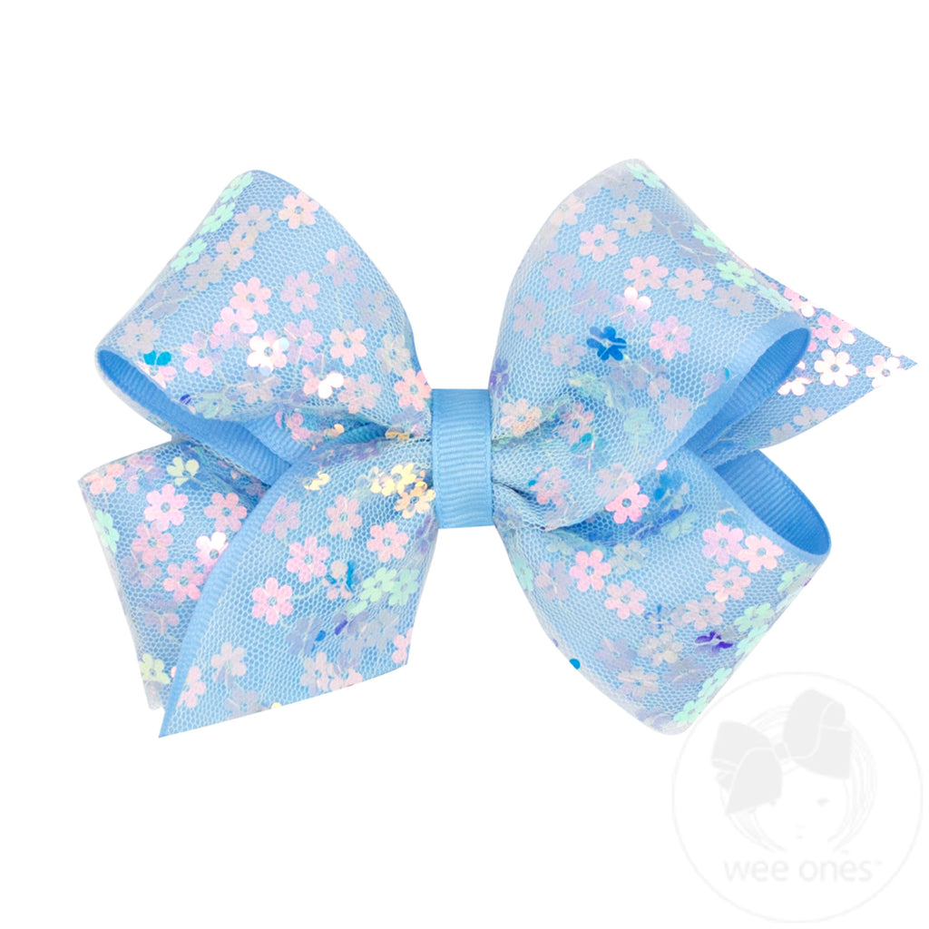 Medium Flower Sequin Tulle Overlay Grosgrain Hair Bow