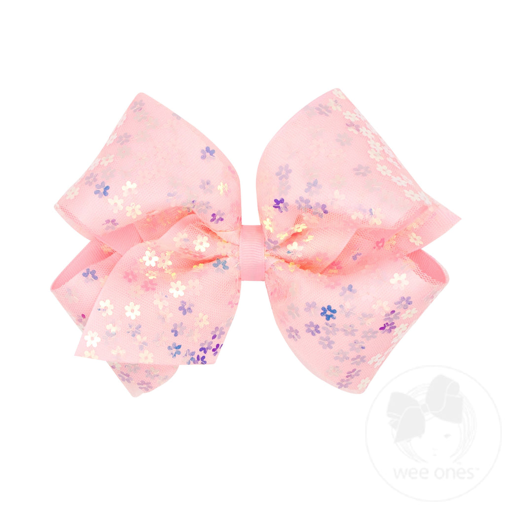 King Flower Sequin Tulle Overlay Grosgrain Hair Bow