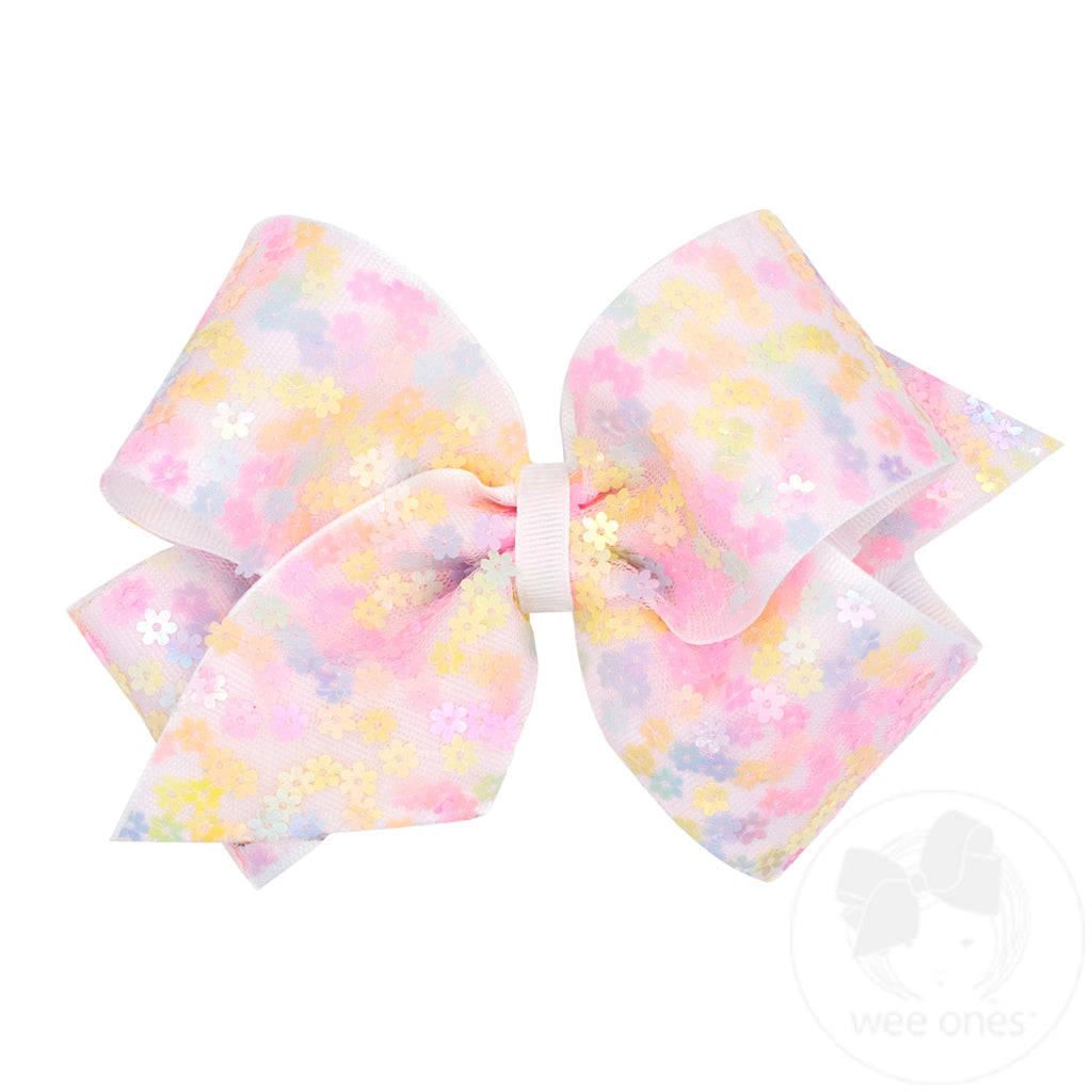 King Flower Sequin Tulle Overlay Grosgrain Hair Bow