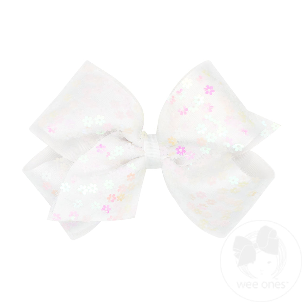 King Flower Sequin Tulle Overlay Grosgrain Hair Bow