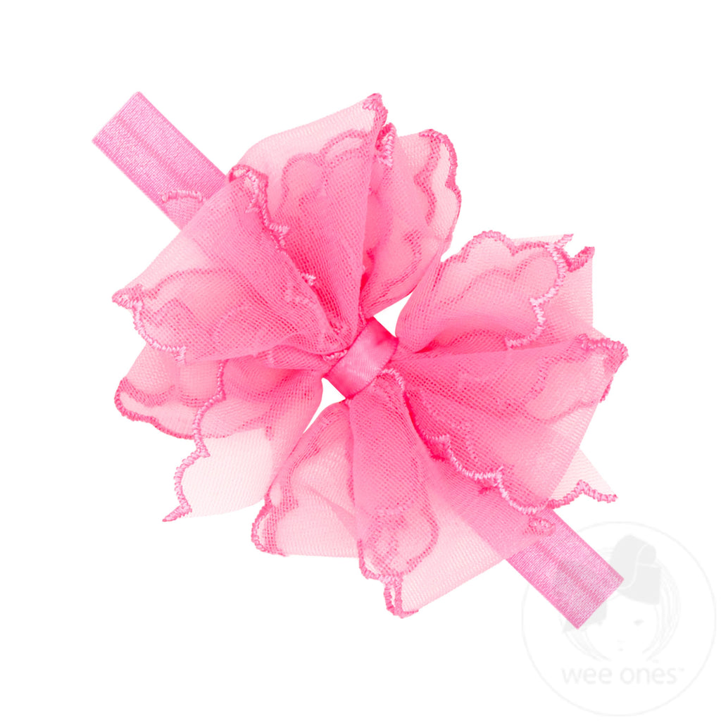 Medium Double Organza Scalloped Stitched Edge Hair Bow on Matching Elastic Band