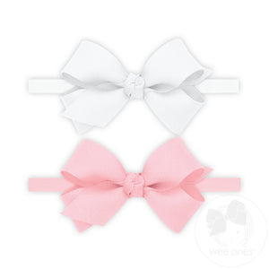 Two Mini Grosgrain Hair bows with Knot Wrap on Matching skinny Nylon Bands