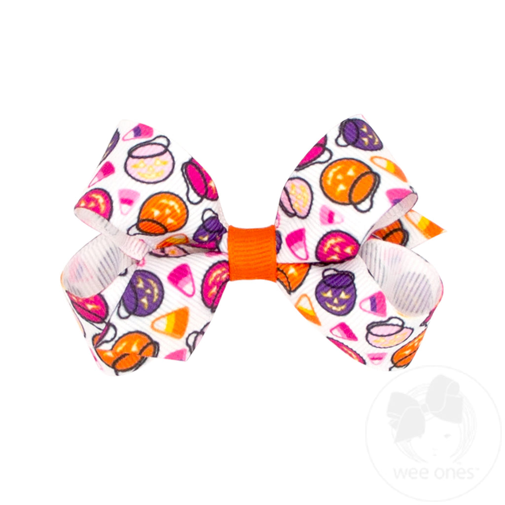 Mini Pink Halloween Print Grosgrain Hair Bow