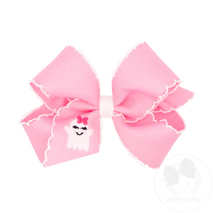 Medium Grosgrain Hair Bow with Moonstitch Edge and Pink Ghost Embroidery