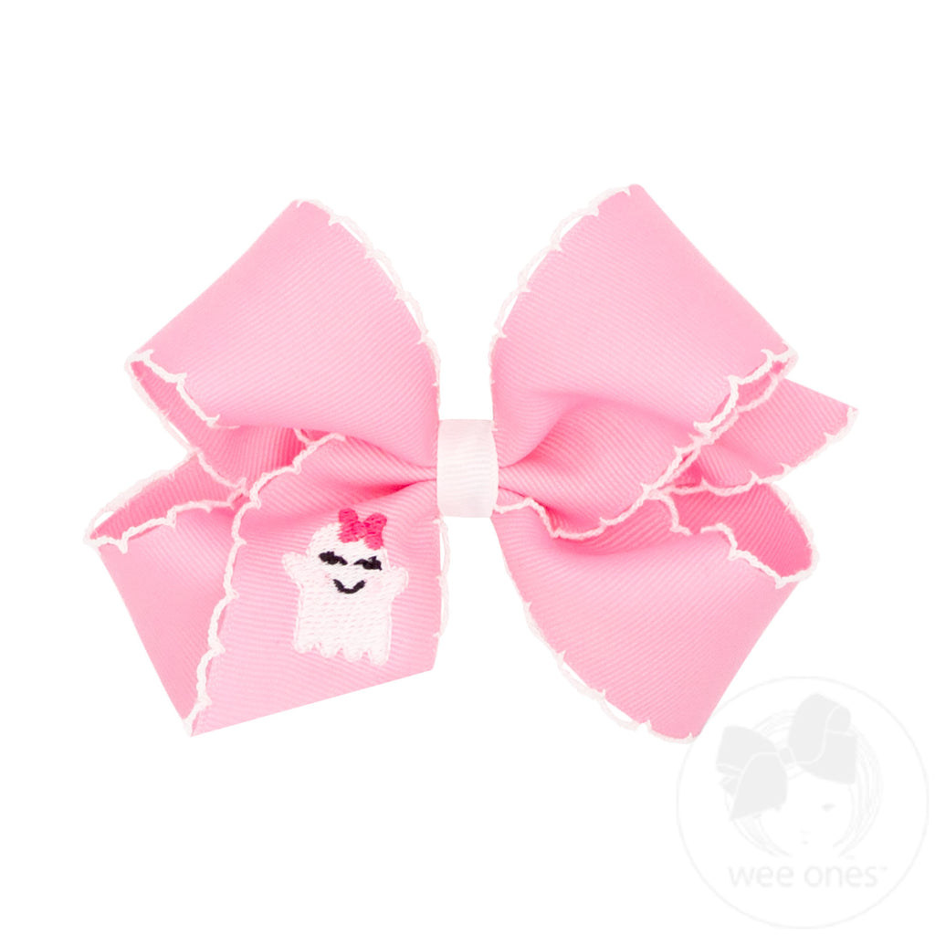Medium Grosgrain Hair Bow with Moonstitch Edge and Pink Ghost Embroidery