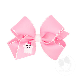 Medium Grosgrain Hair Bow with Moonstitch Edge and Pink Ghost Embroidery