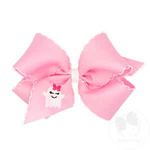 King Grosgrain Hair Bow with Moonstitch Edge and Pink Ghost Embroidery