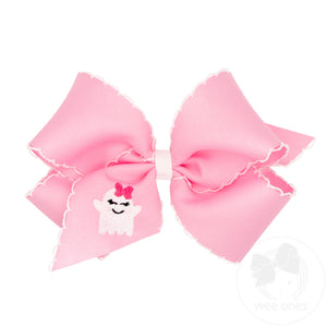 King Grosgrain Hair Bow with Moonstitch Edge and Pink Ghost Embroidery