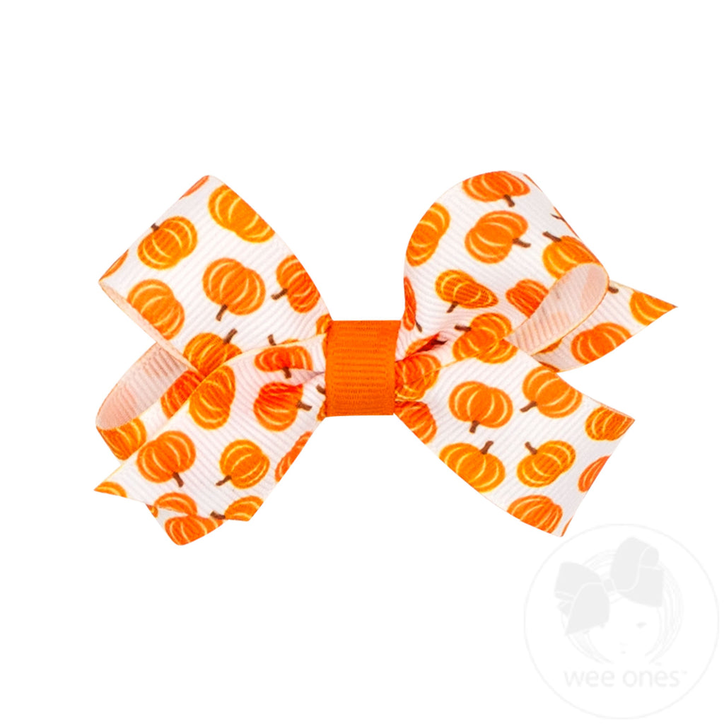 Mini Harvest White Pumpkin Print Grosgrain Hair Bow