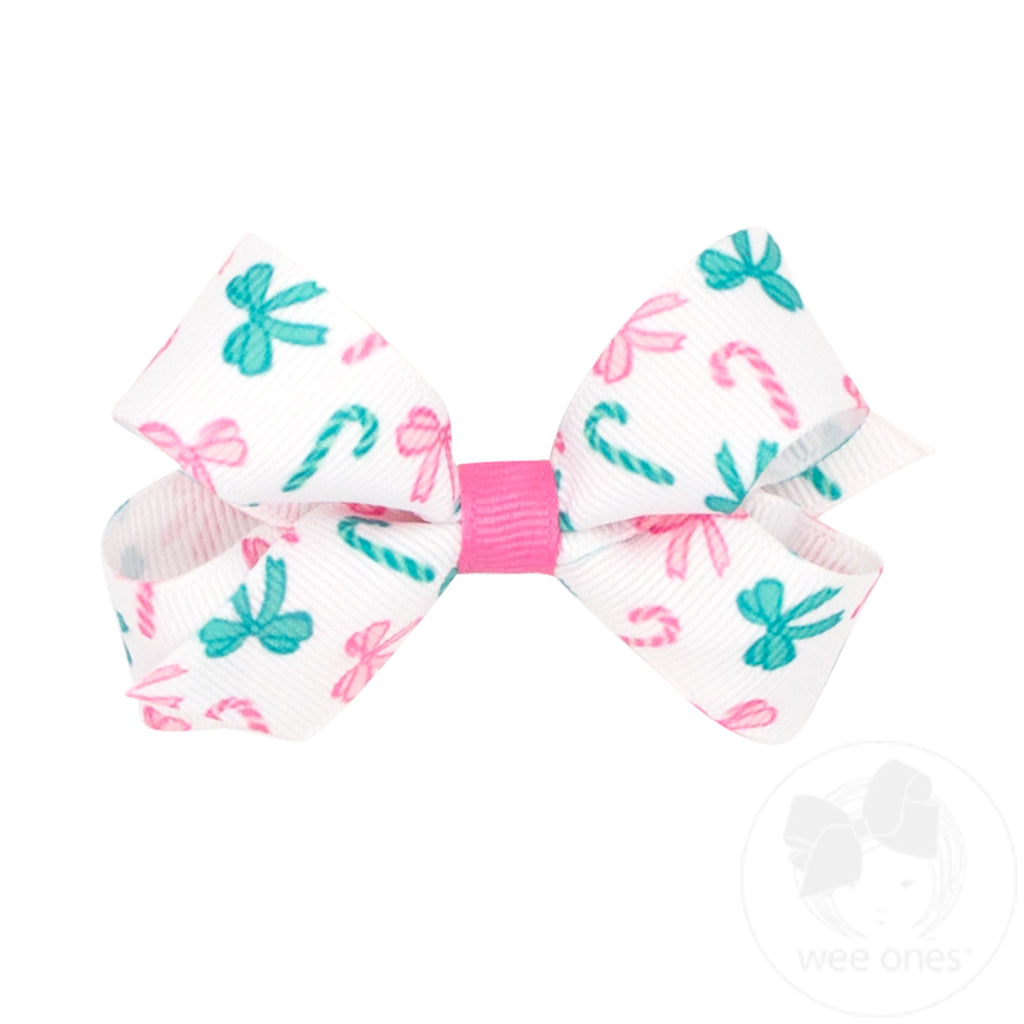 Mini Pink Candy Cane Print Grosgrain Hair Bow