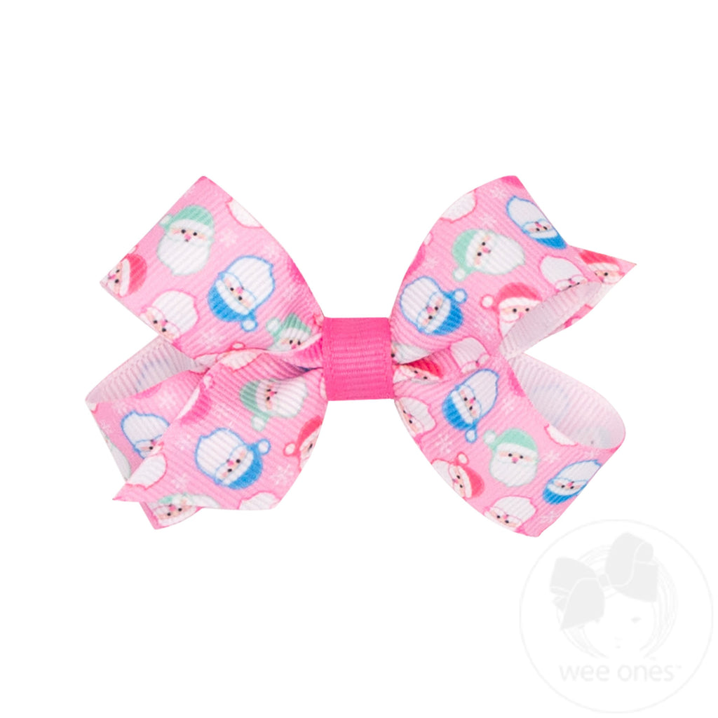Mini Pink Santa Print Grosgrain Hair Bow