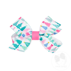 Mini Pink Christmas Print Grosgrain Hair Bow