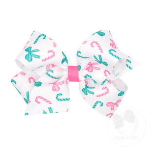 Medium Pink Christmas Print Grosgrain Hair Bow