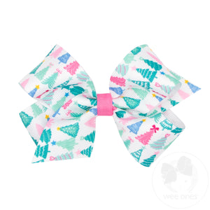 Medium Pink Christmas Tree Print Grosgrain Hair Bow