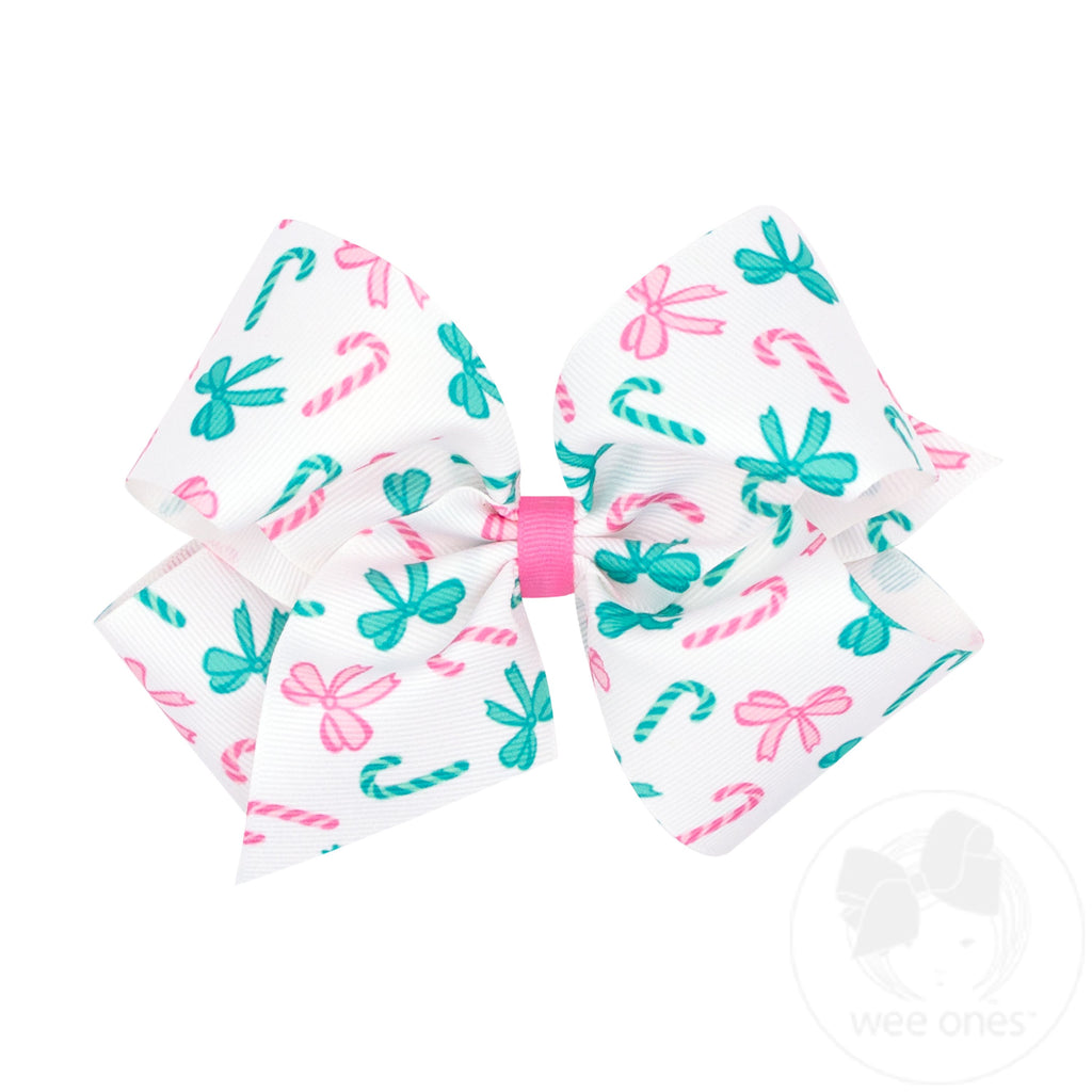 King Pink Candy Cane Print Grosgrain Hair Bow