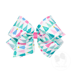 King Pink Christmas Tree Print Grosgrain Hair Bow