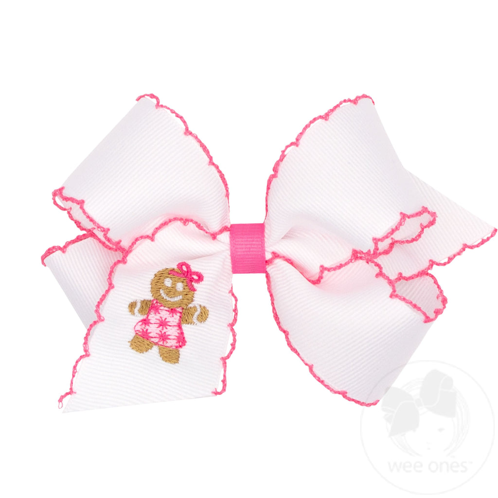 Medium Grosgrain Hair Bow with Moonstitch Edge and Pink Gingerbread Embroidery