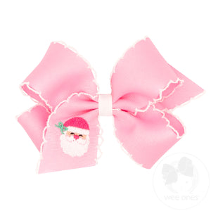 Medium Grosgrain Hair Bow with Moonstitch Edge and Pink Santa Embroidery