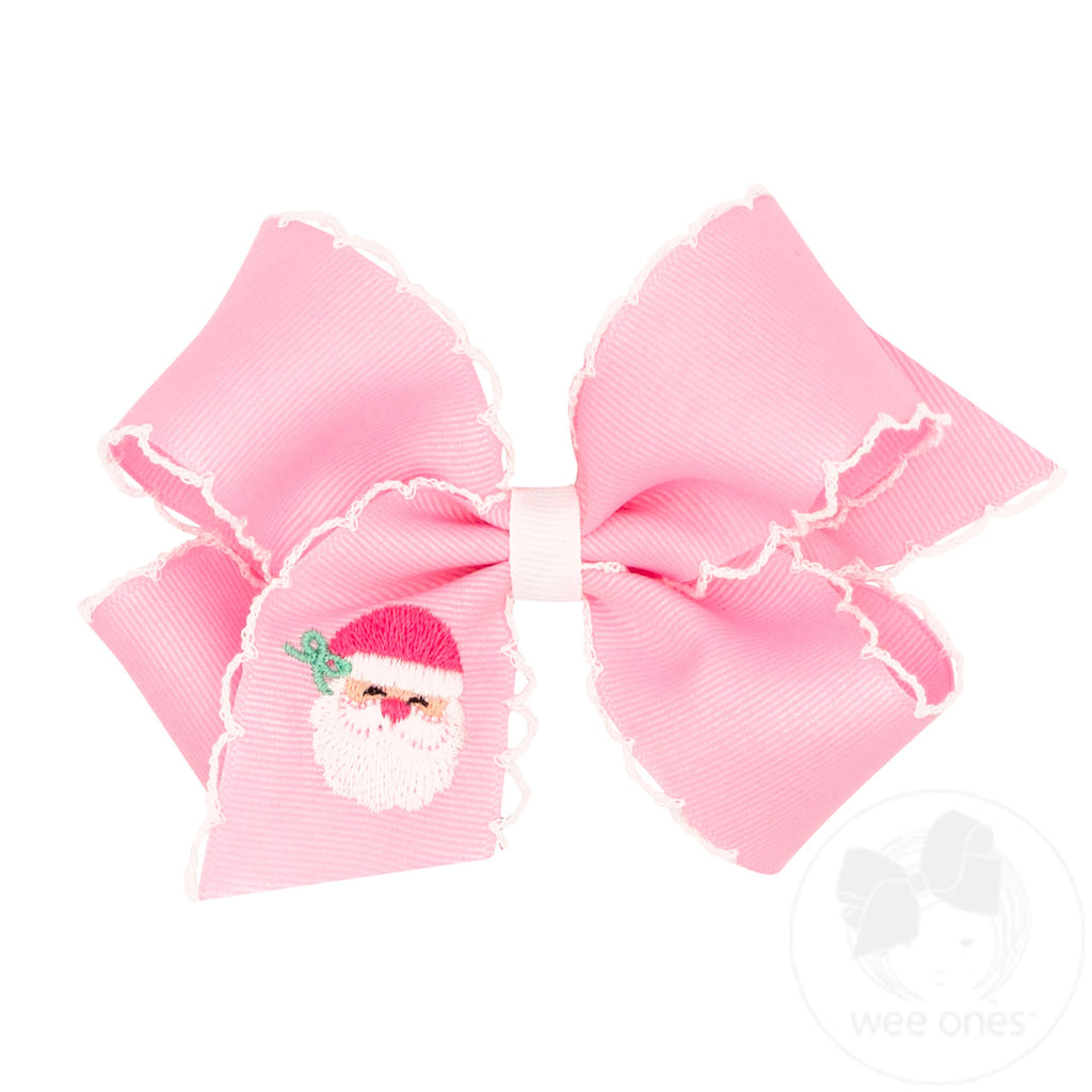 Medium Grosgrain Hair Bow with Moonstitch Edge and Pink Santa Embroidery