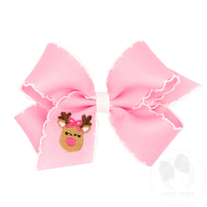Medium Grosgrain Hair Bow with Moonstitch Edge and Pink Reindeer Embroidery